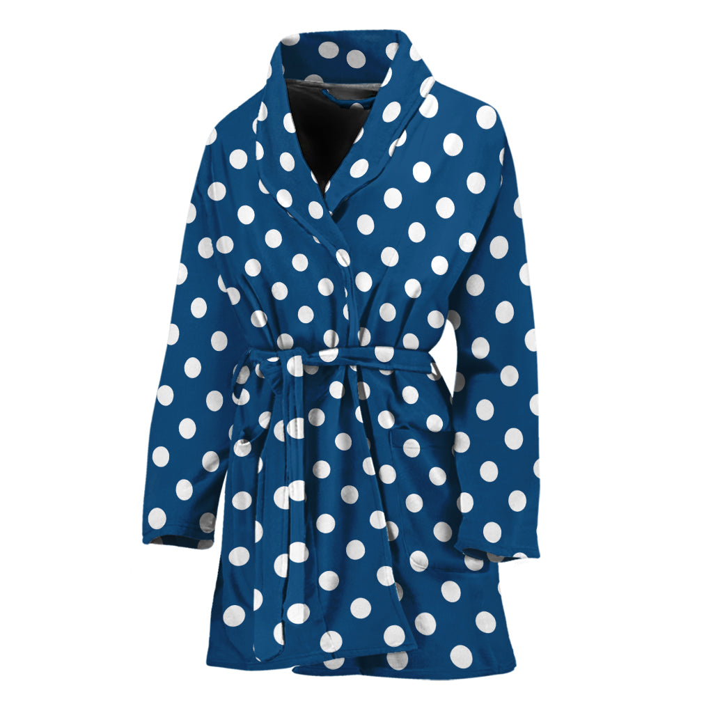 Navy And White Polka Dot Pattern Print Women's Bathrobe