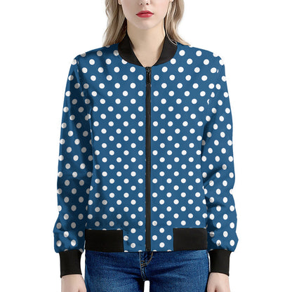Navy And White Polka Dot Pattern Print Women's Bomber Jacket