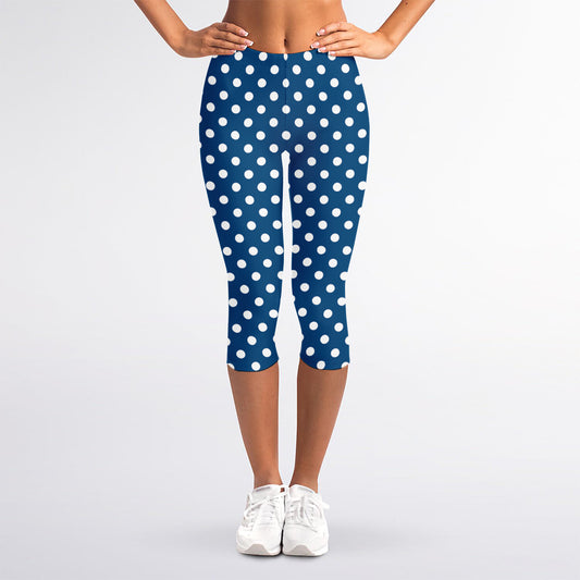 Navy And White Polka Dot Pattern Print Women's Capri Leggings