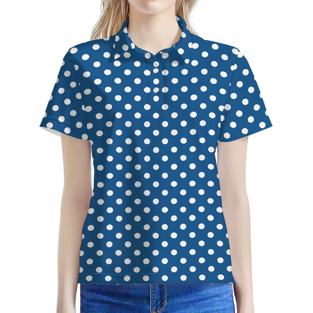Navy And White Polka Dot Pattern Print Women's Polo Shirt