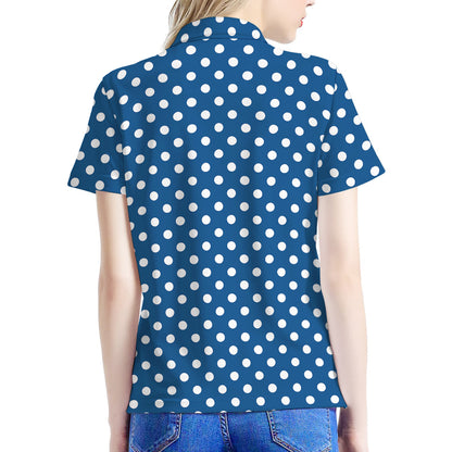 Navy And White Polka Dot Pattern Print Women's Polo Shirt