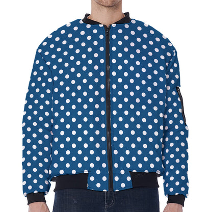 Navy And White Polka Dot Pattern Print Zip Sleeve Bomber Jacket