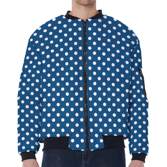 Navy And White Polka Dot Pattern Print Zip Sleeve Bomber Jacket