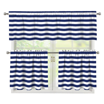 Navy And White Striped Pattern Print 3 Piece Kitchen Curtains