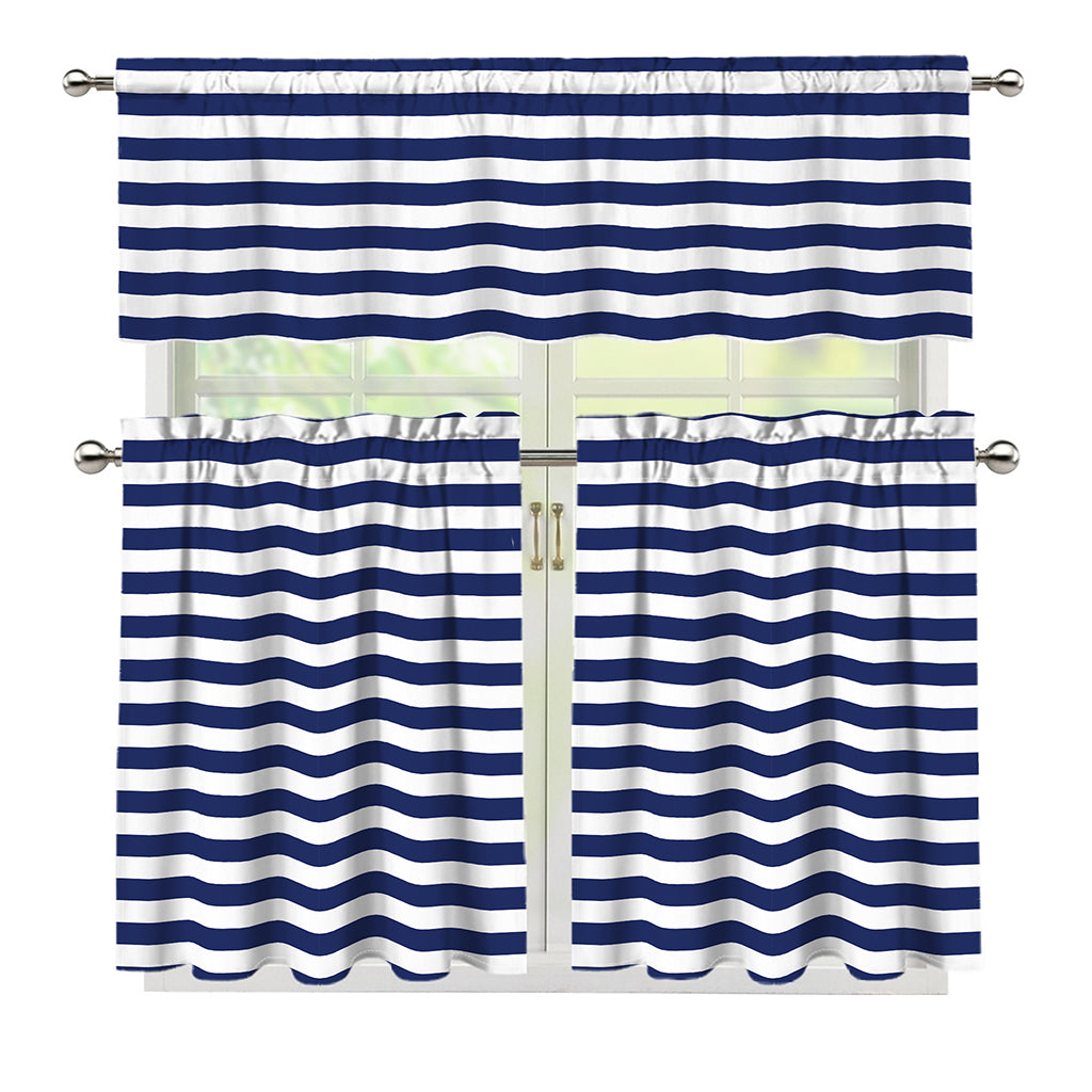 Navy And White Striped Pattern Print 3 Piece Kitchen Curtains