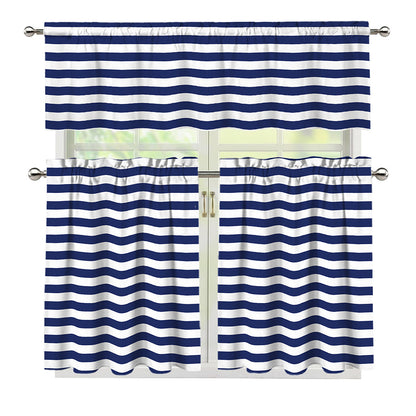 Navy And White Striped Pattern Print 3 Piece Kitchen Curtains