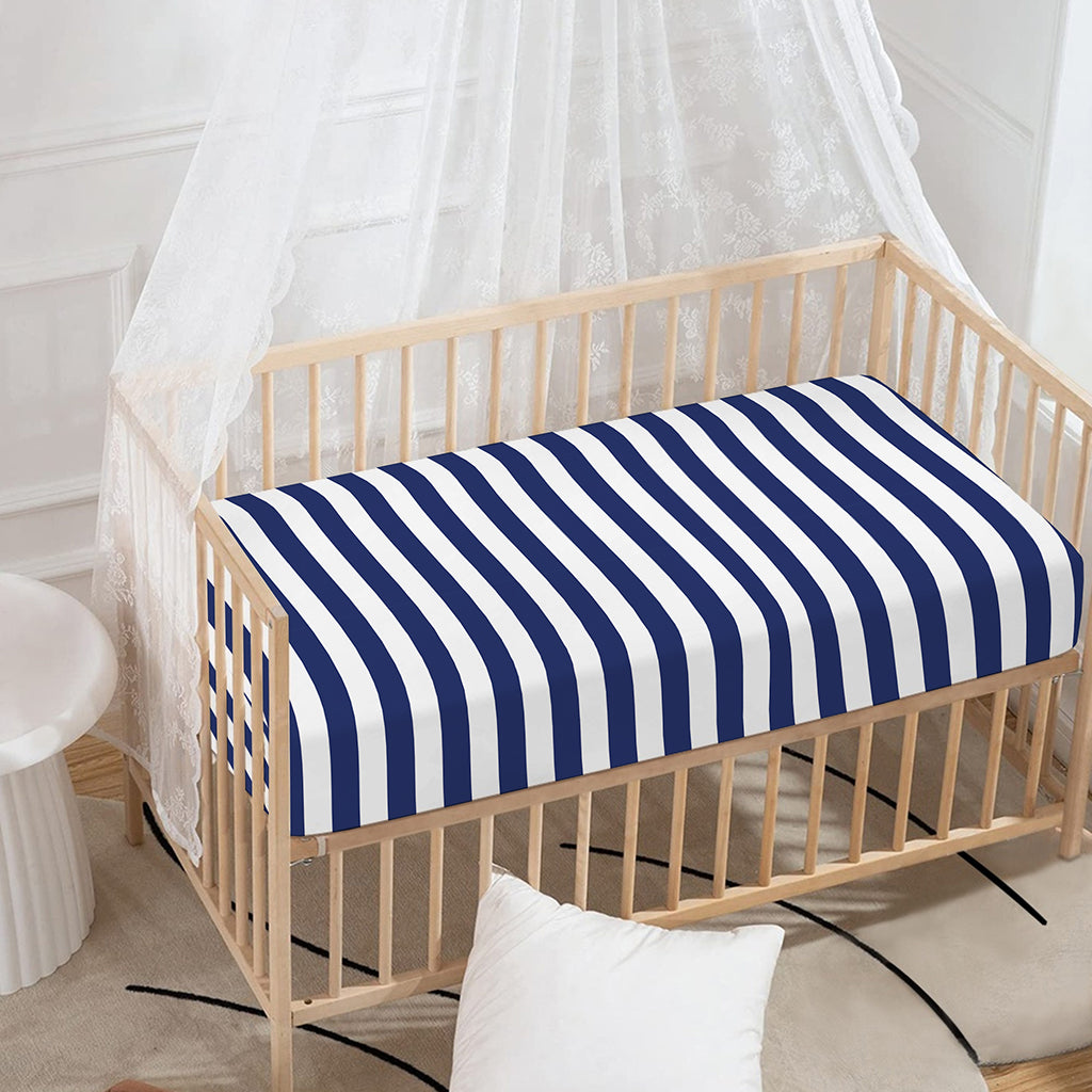 Navy And White Striped Pattern Print Baby Crib Sheet