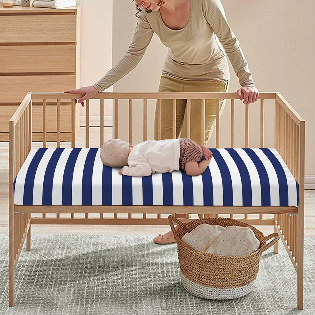 Navy And White Striped Pattern Print Baby Crib Sheet