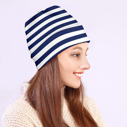 Navy And White Striped Pattern Print Beanie
