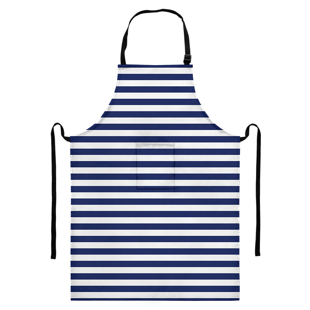 Navy And White Striped Pattern Print Bib Apron With Pocket
