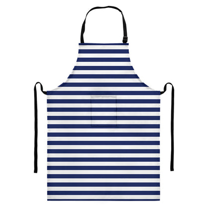 Navy And White Striped Pattern Print Bib Apron With Pocket