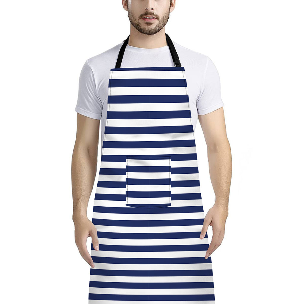 Navy And White Striped Pattern Print Bib Apron With Pocket