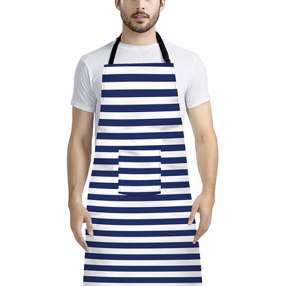 Navy And White Striped Pattern Print Bib Apron With Pocket