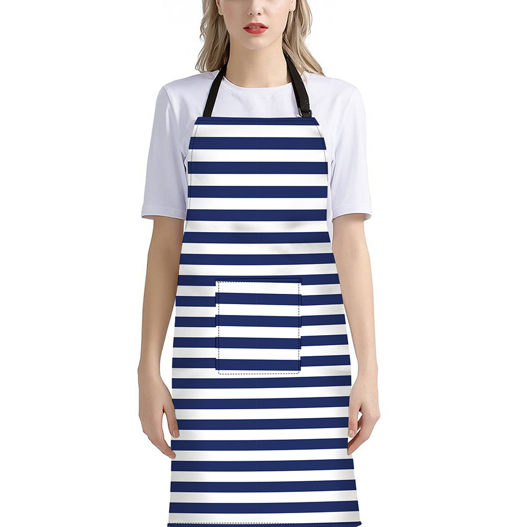 Navy And White Striped Pattern Print Bib Apron With Pocket