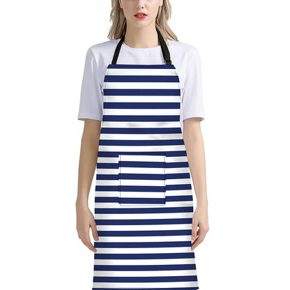 Navy And White Striped Pattern Print Bib Apron With Pocket