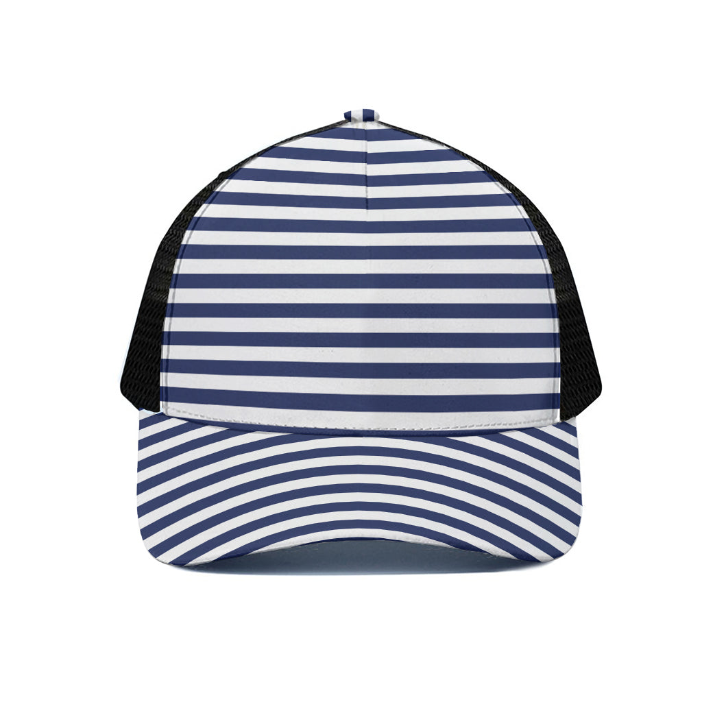 Navy And White Striped Pattern Print Black Mesh Trucker Cap