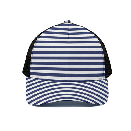 Navy And White Striped Pattern Print Black Mesh Trucker Cap