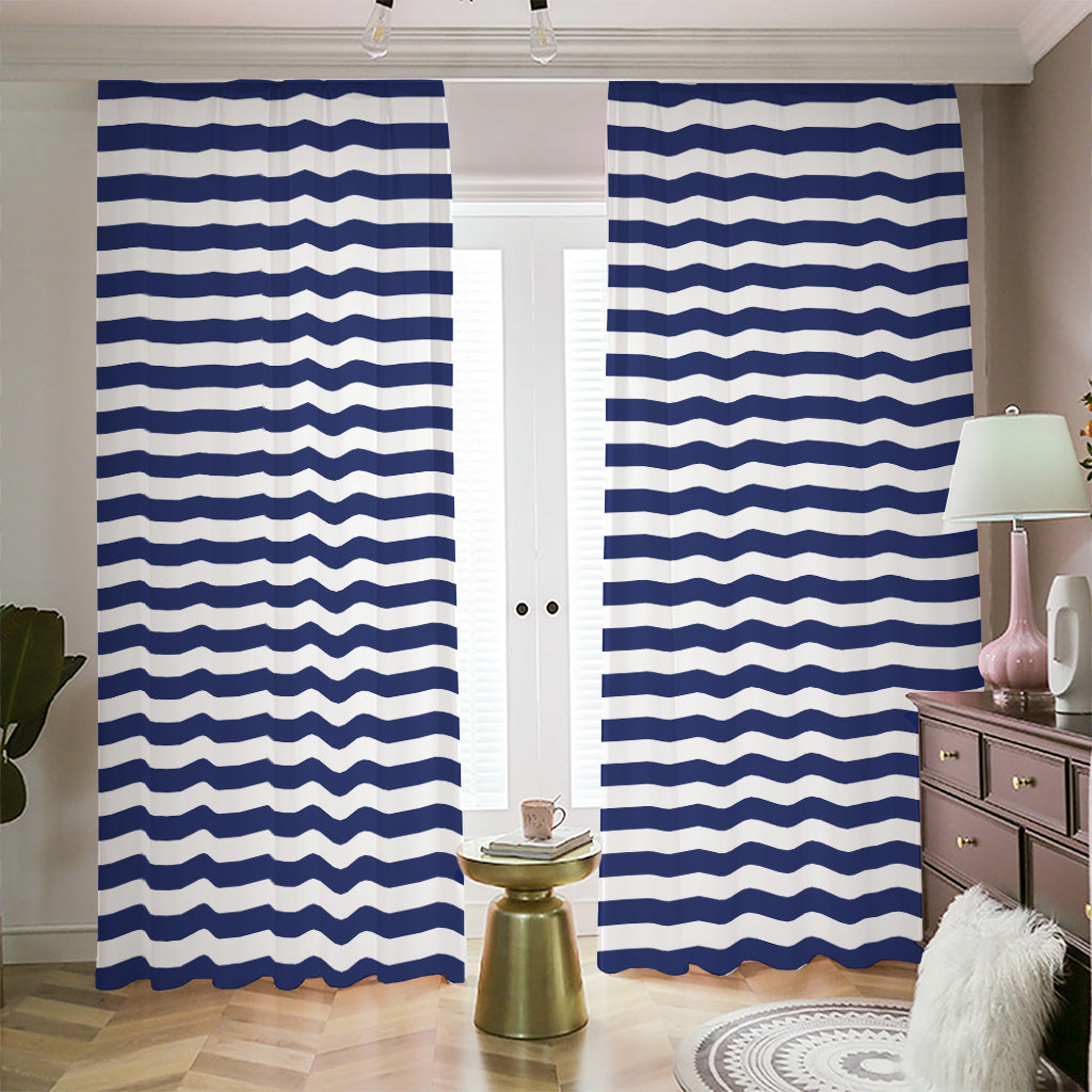 Navy And White Striped Pattern Print Blackout Pencil Pleat Curtains
