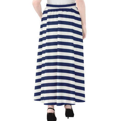 Navy And White Striped Pattern Print Chiffon Maxi Skirt
