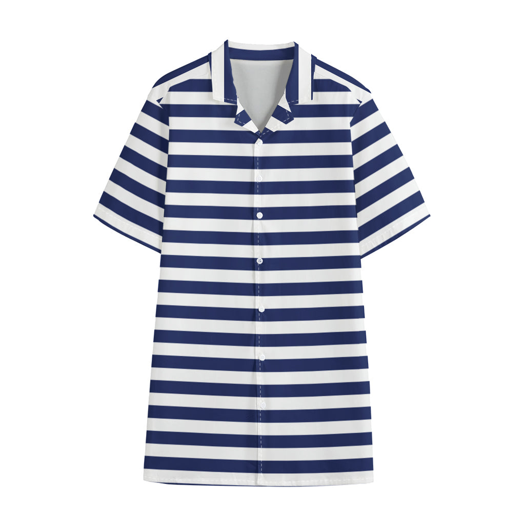 Navy And White Striped Pattern Print Cotton Hawaiian Shirt