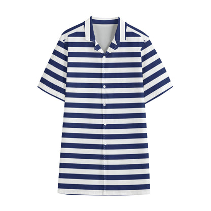 Navy And White Striped Pattern Print Cotton Hawaiian Shirt