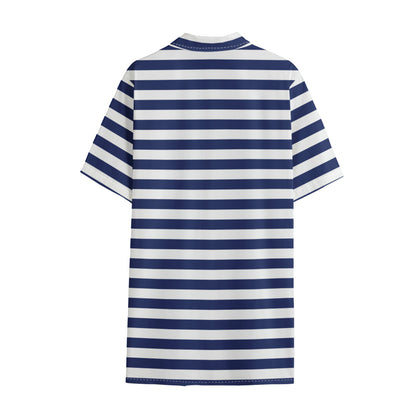 Navy And White Striped Pattern Print Cotton Hawaiian Shirt