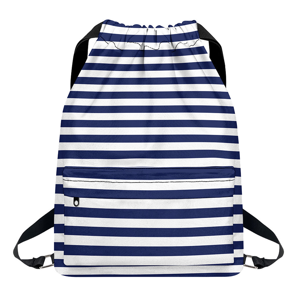 Navy And White Striped Pattern Print Drawstring Backpack