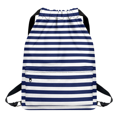 Navy And White Striped Pattern Print Drawstring Backpack