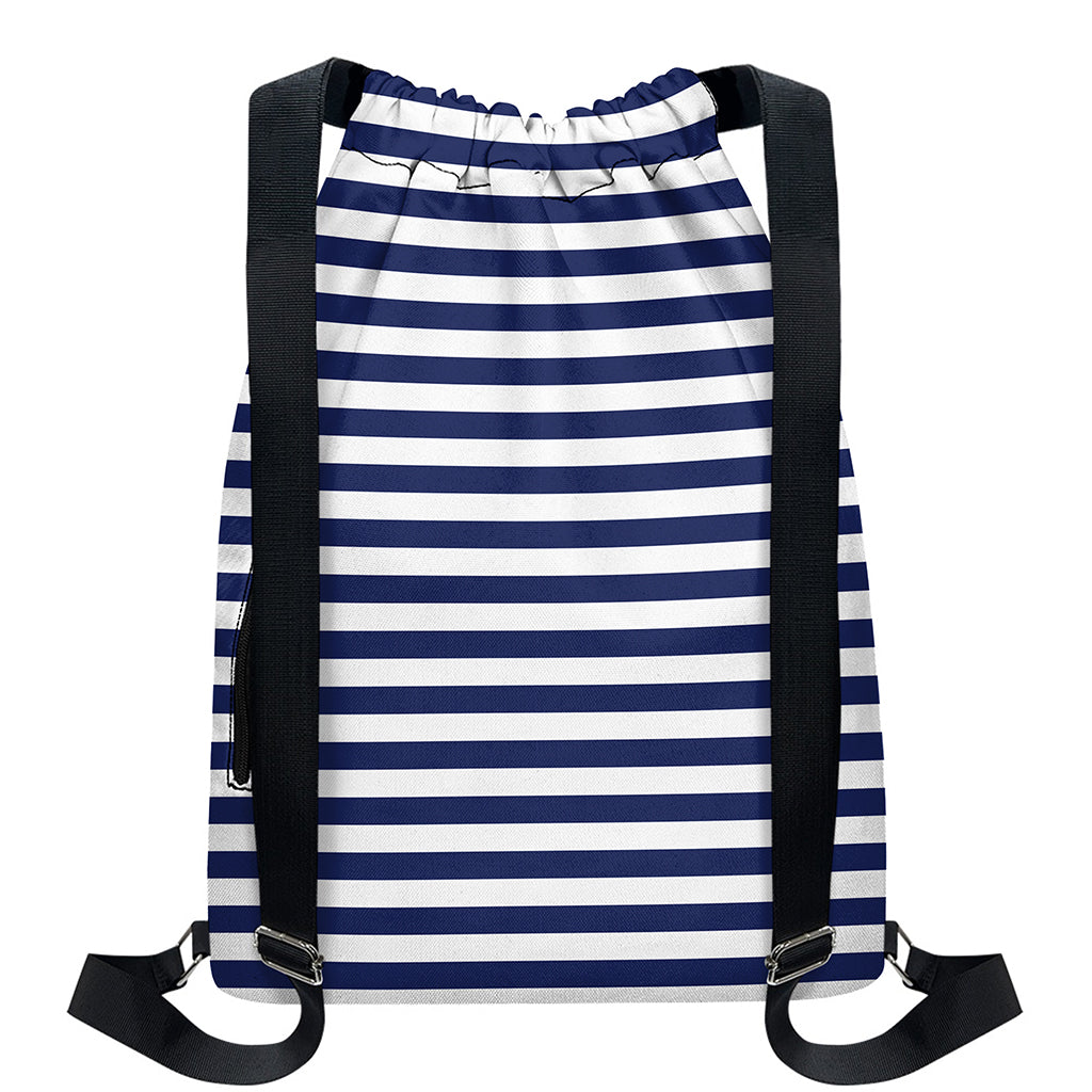 Navy And White Striped Pattern Print Drawstring Backpack