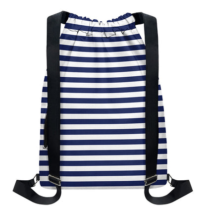 Navy And White Striped Pattern Print Drawstring Backpack