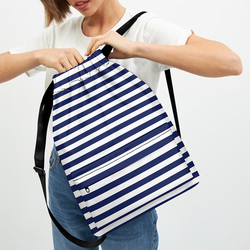 Navy And White Striped Pattern Print Drawstring Backpack
