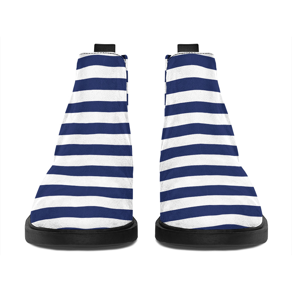 Navy And White Striped Pattern Print Flat Ankle Boots