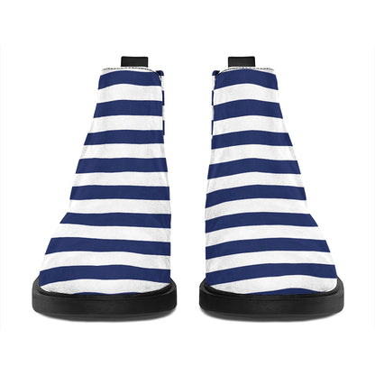 Navy And White Striped Pattern Print Flat Ankle Boots
