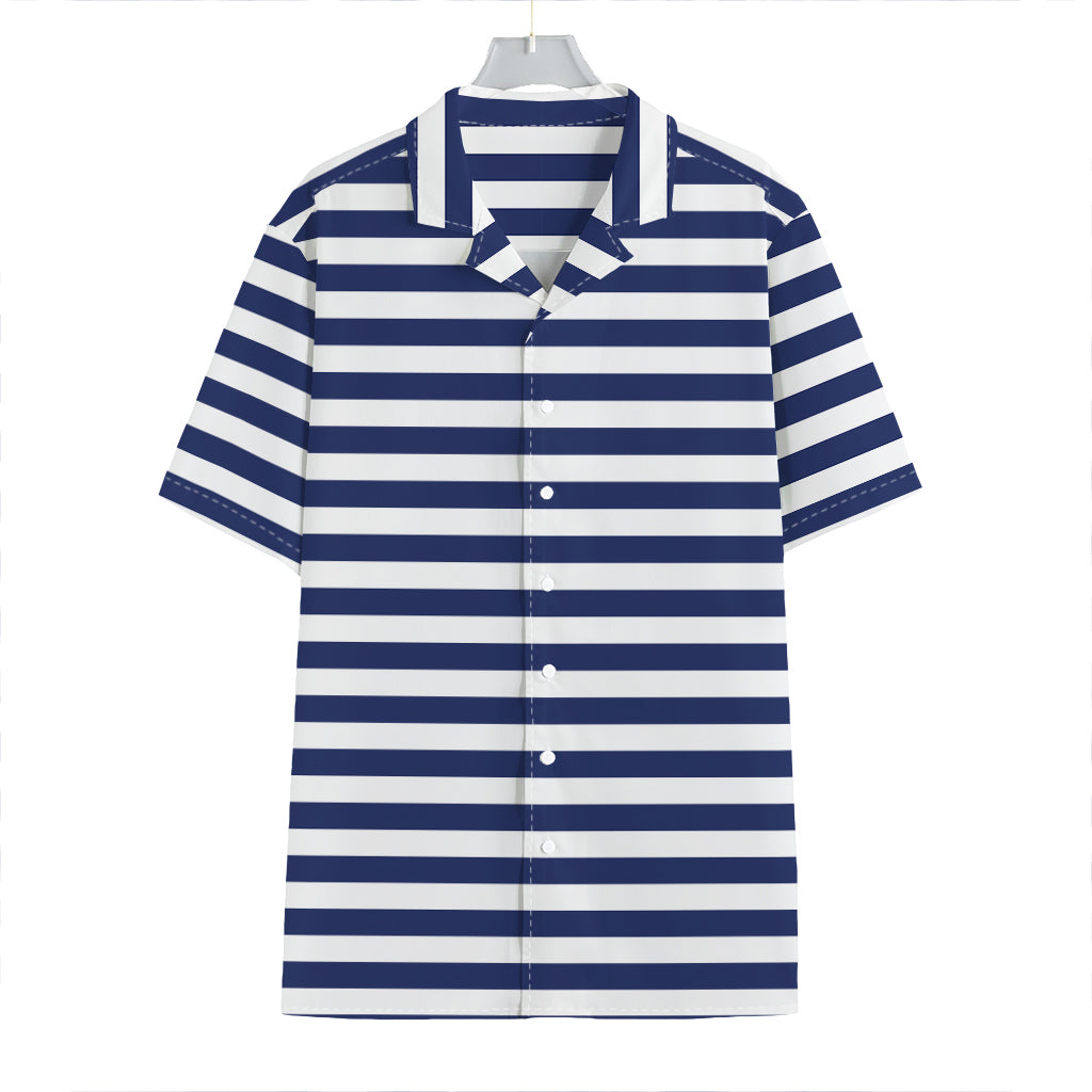 Navy And White Striped Pattern Print Hawaiian Shirt