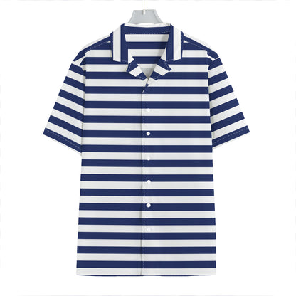 Navy And White Striped Pattern Print Hawaiian Shirt
