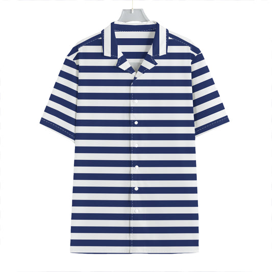 Navy And White Striped Pattern Print Hawaiian Shirt