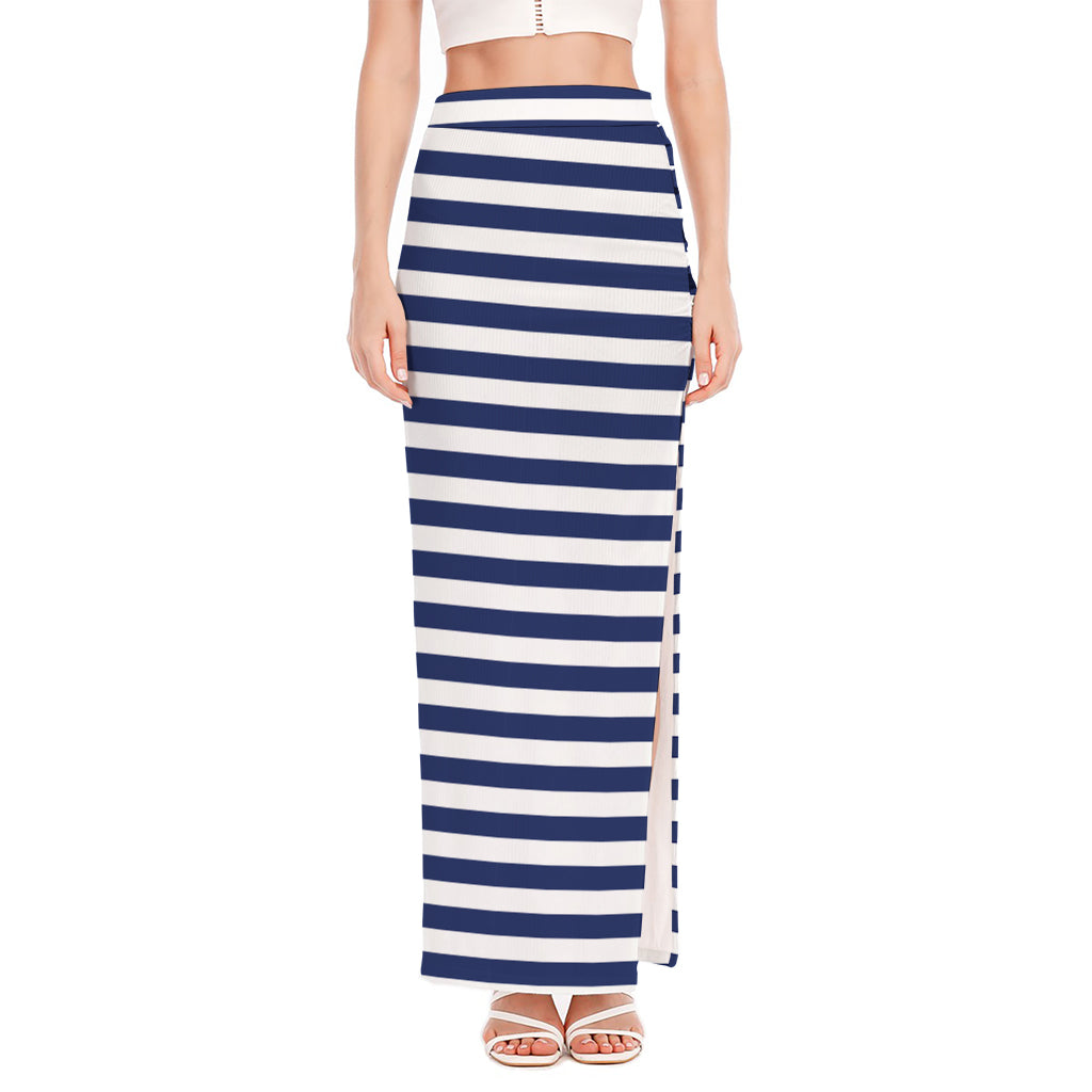 Navy And White Striped Pattern Print High Slit Maxi Skirt