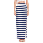 Navy And White Striped Pattern Print High Slit Maxi Skirt