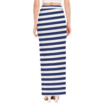 Navy And White Striped Pattern Print High Slit Maxi Skirt