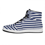 Navy And White Striped Pattern Print High Top Leather Sneakers