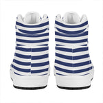 Navy And White Striped Pattern Print High Top Leather Sneakers