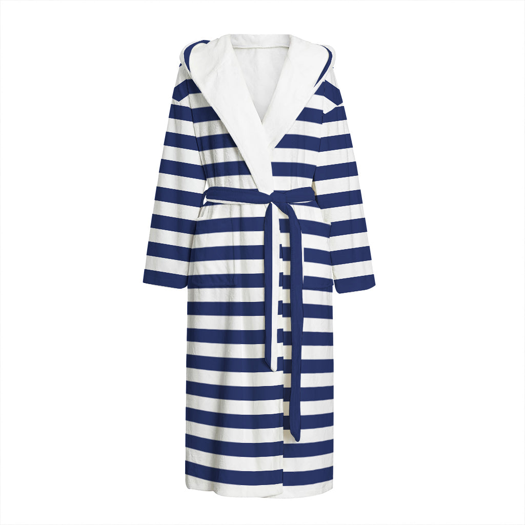 Navy And White Striped Pattern Print Hooded Bathrobe