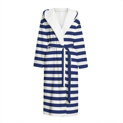 Navy And White Striped Pattern Print Hooded Bathrobe