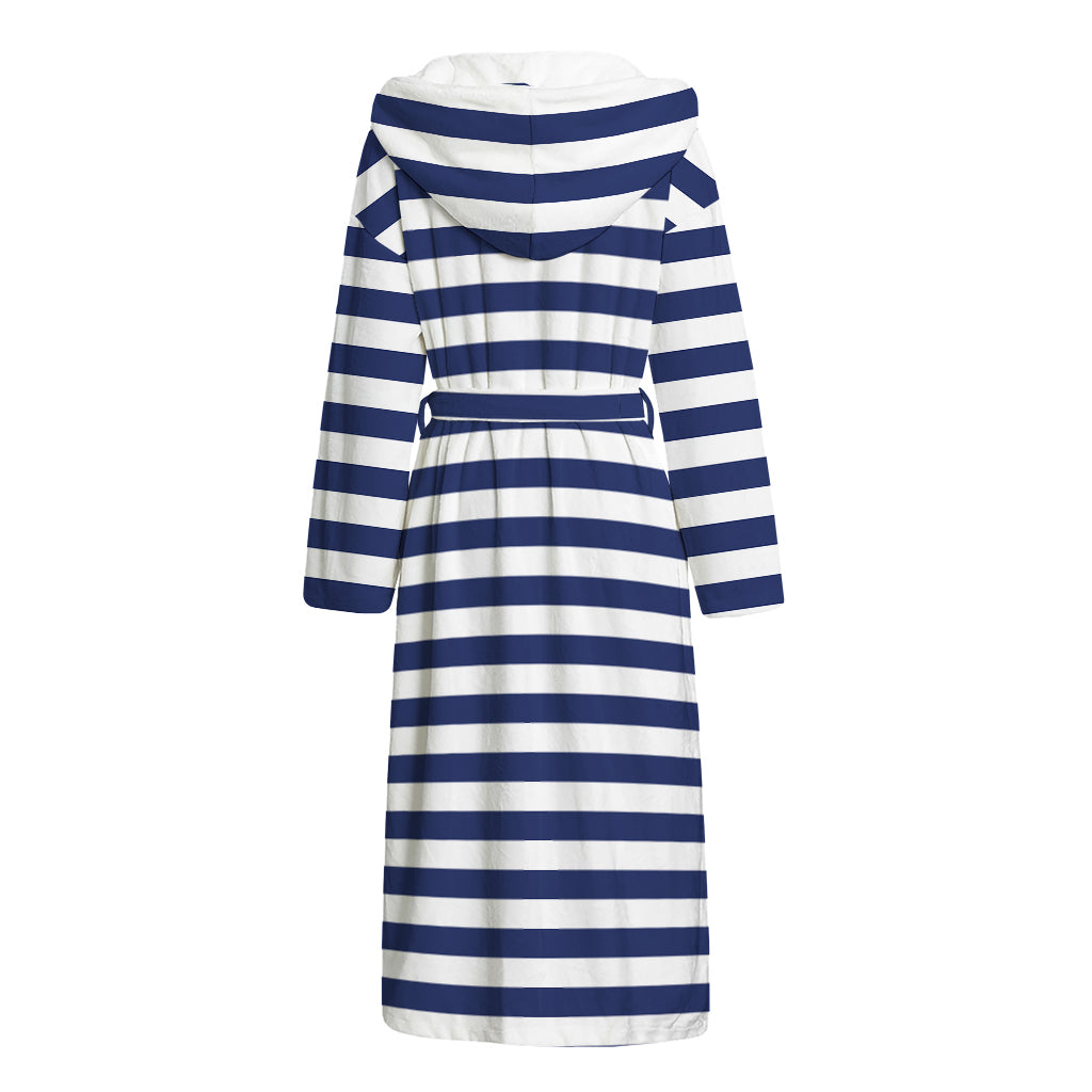 Navy And White Striped Pattern Print Hooded Bathrobe