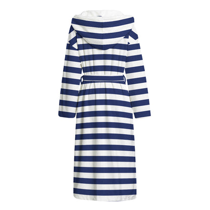 Navy And White Striped Pattern Print Hooded Bathrobe