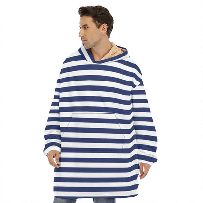 Navy And White Striped Pattern Print Hoodie Blanket