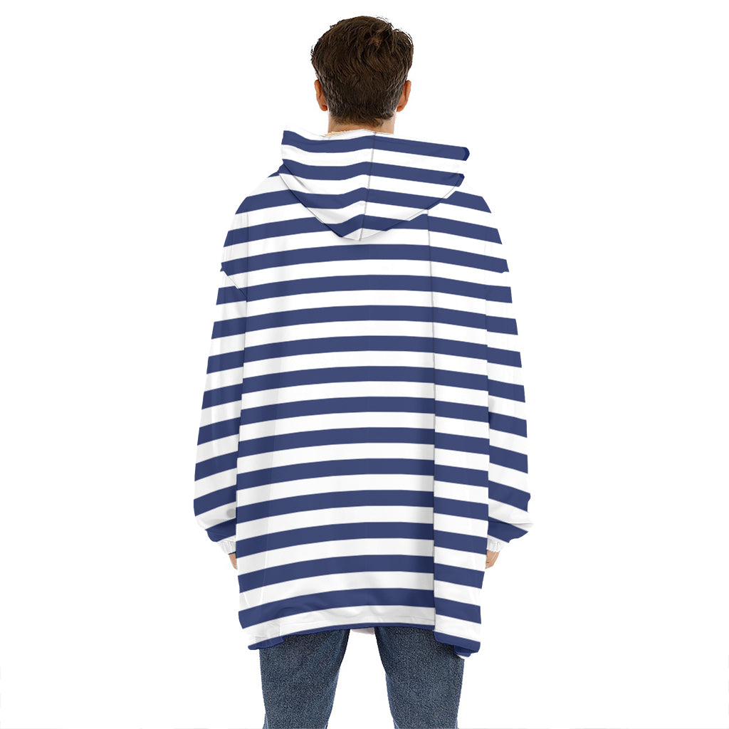 Navy And White Striped Pattern Print Hoodie Blanket