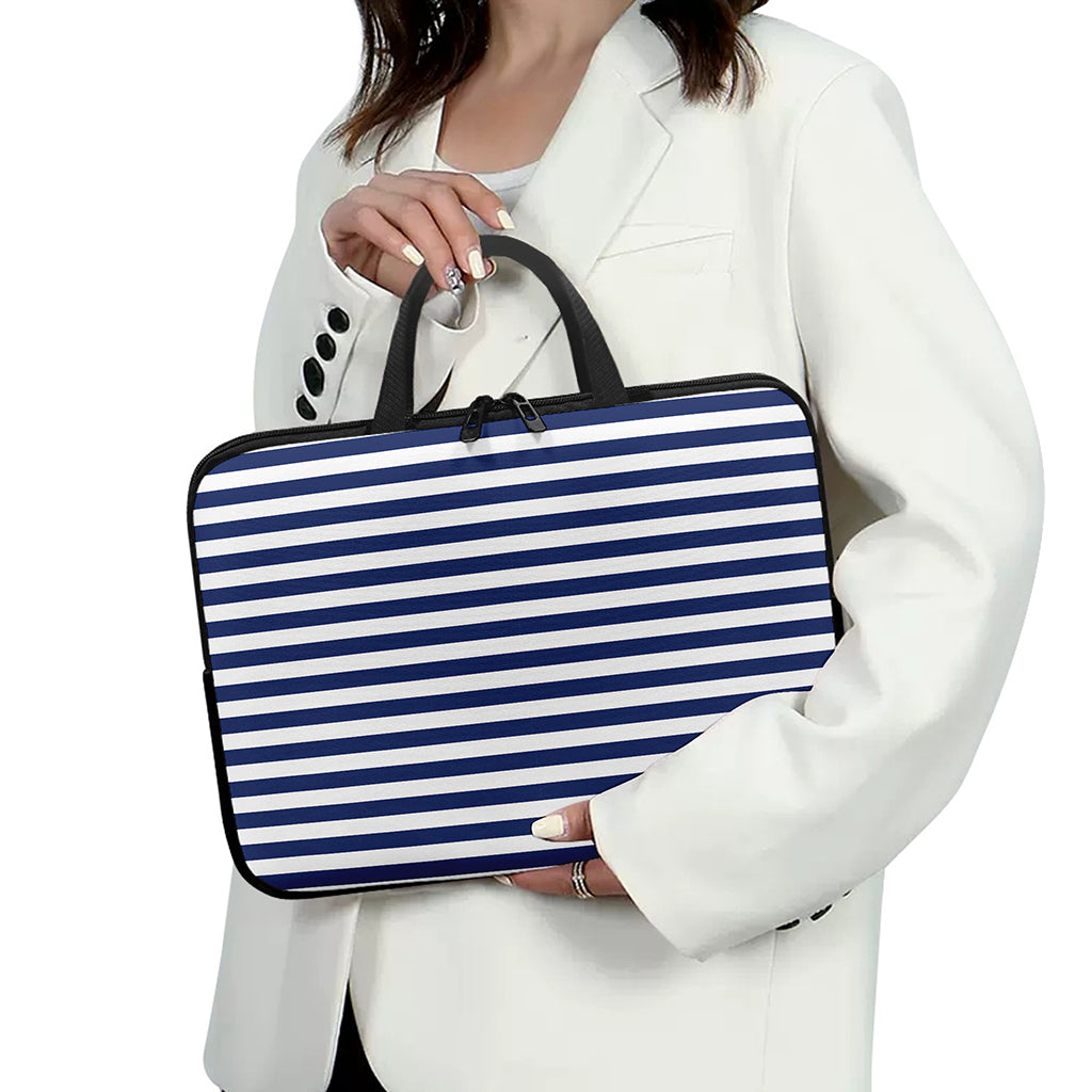 Navy And White Striped Pattern Print Laptop Sleeve With Handle