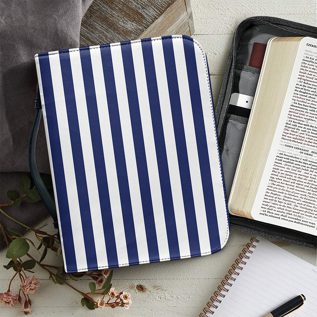 Navy And White Striped Pattern Print Leather Bible Cover