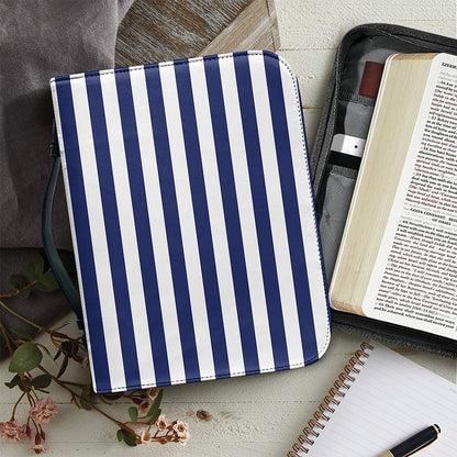 Navy And White Striped Pattern Print Leather Bible Cover